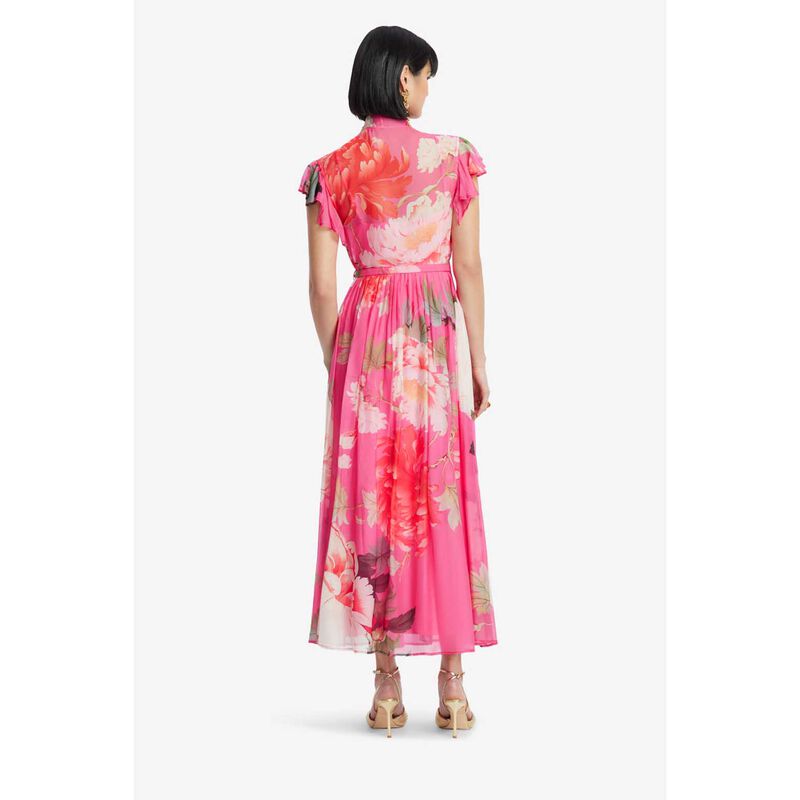 LEO LIN Grace Flutter Sleeve Midi Dress - Peony Print In Fuchsia image number 1